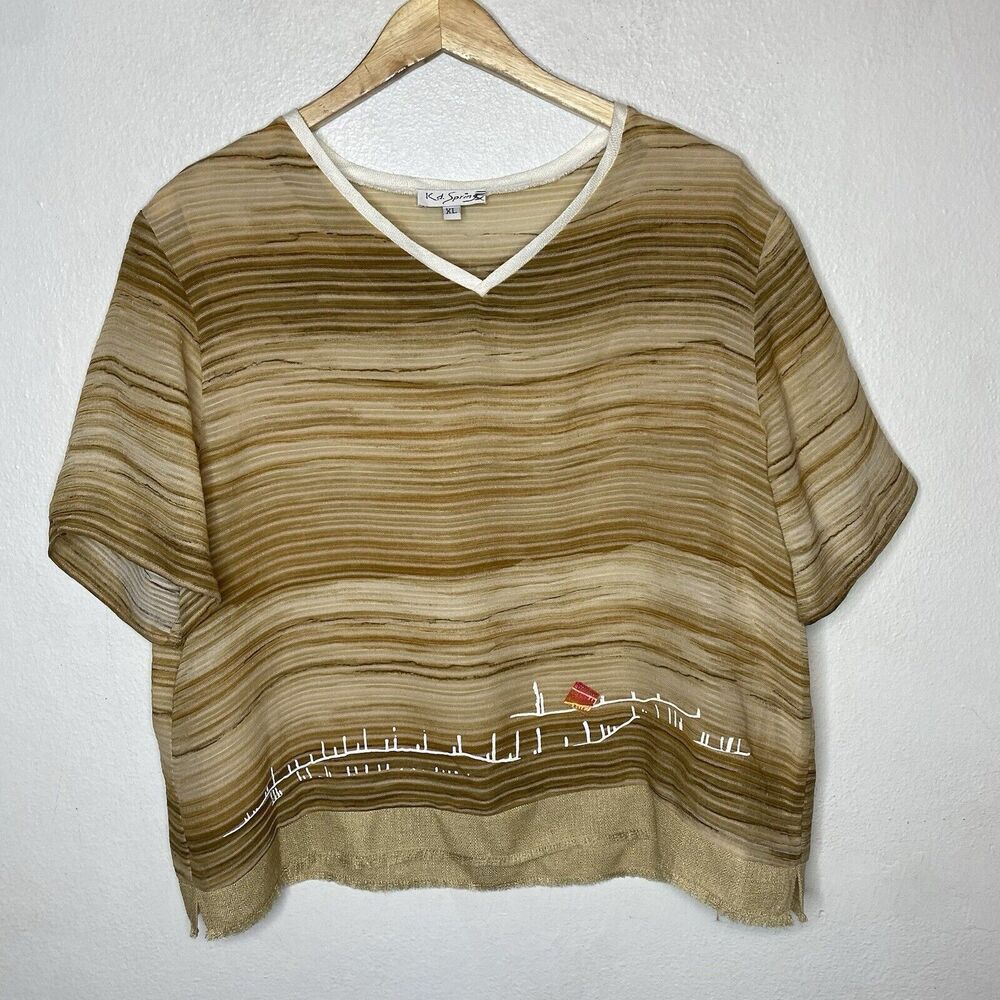 KD Spring Lagenlook Artsy Short Sleeve Top Tan V-Neck Shirt Lined Women’s XL‎